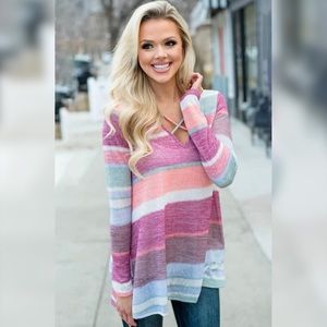 🆕 MAKE BELIEVE MULTI COLORED STRIPED CRISS CROSS TOP